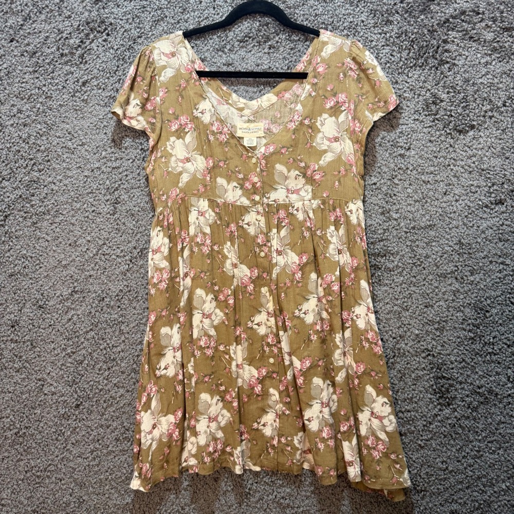 Denim & Supply Ralph Lauren Dress Womens Medium Olive Floral Babydoll - Picture 2 of 7